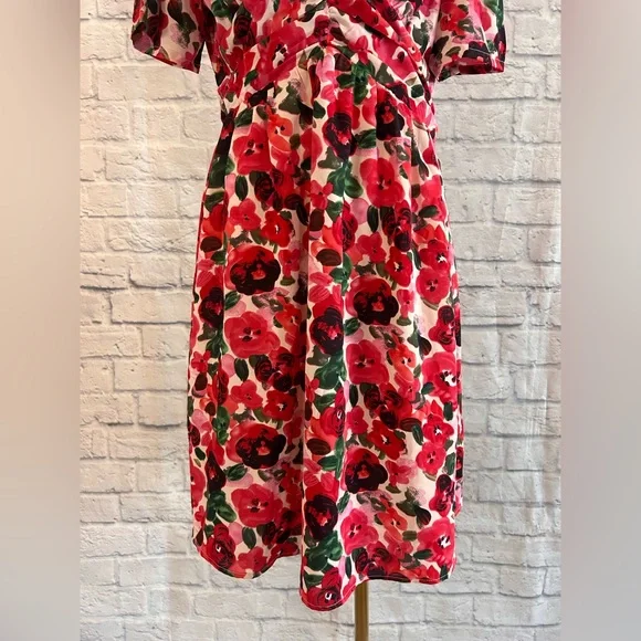 Romantic Floral Mini Dress Red & Pink Roses Empire Waist Low Cut Deep V-Neck - Picture 8 of 15